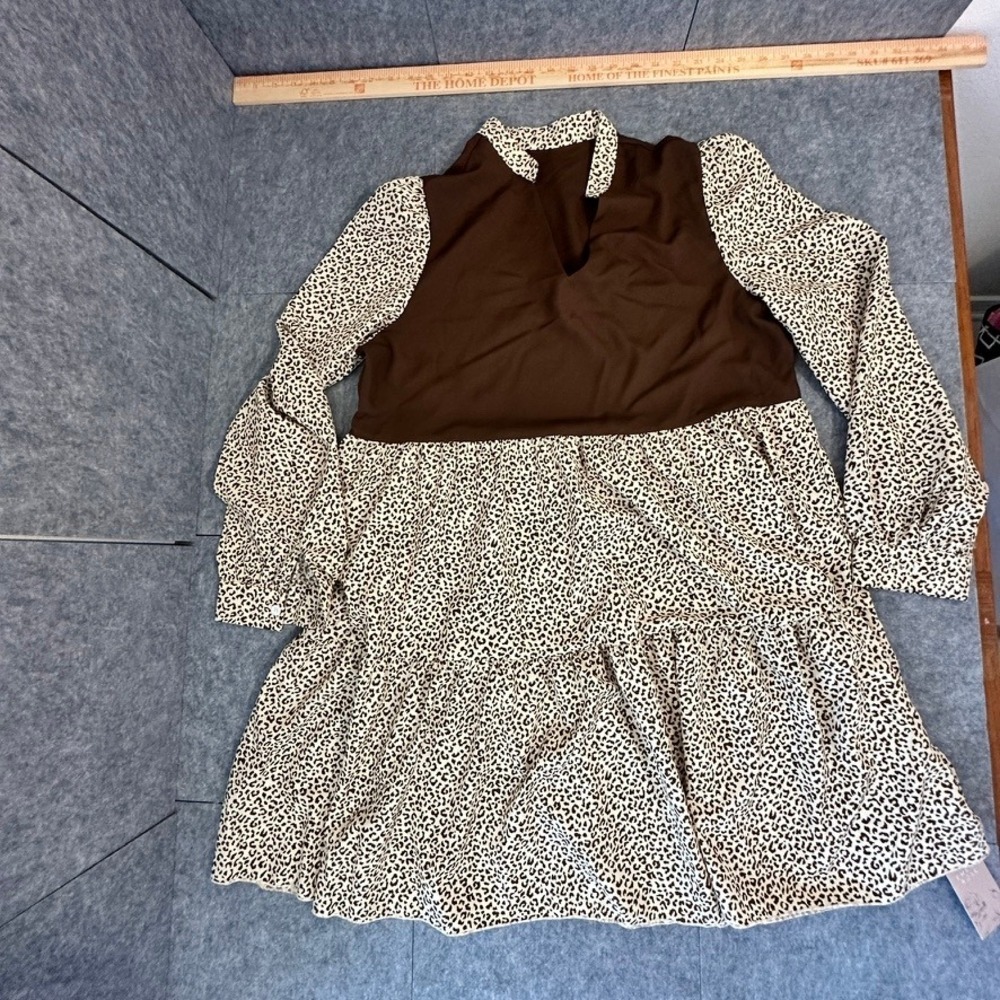 Emery Rose Leopard Print Babydoll Dress Brown Sleeves Tiered Casual SZ L - Picture 9 of 16